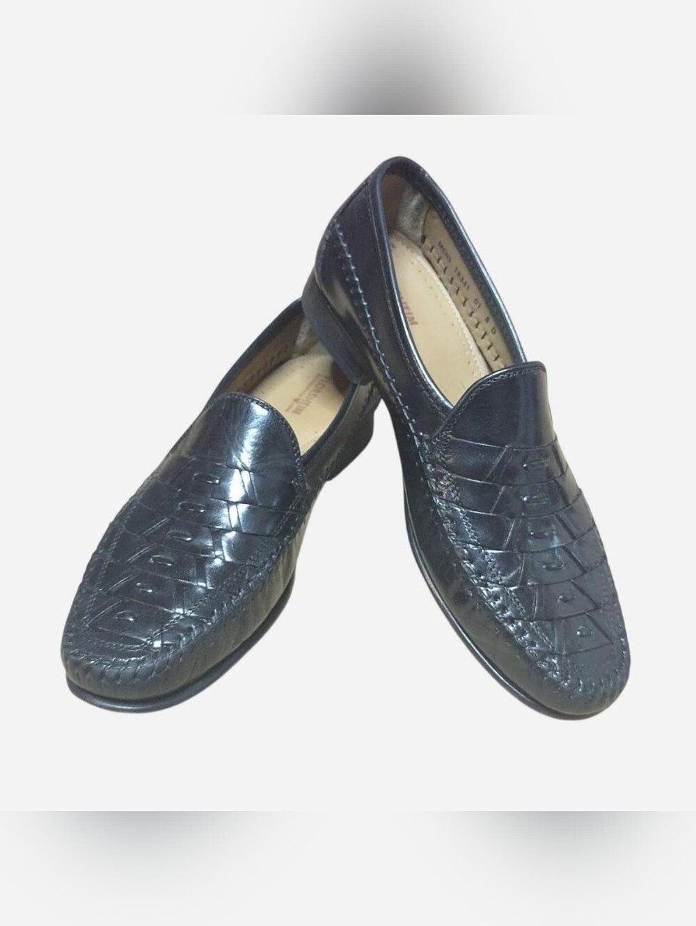 Men's Black Leather Slip-On Loafers Florsheim Size 8D With Distinct Woven Patter